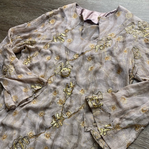 Tan and Gold Sheer Sequined Midi Cover Up Dress Size Small - Picture 1 of 5